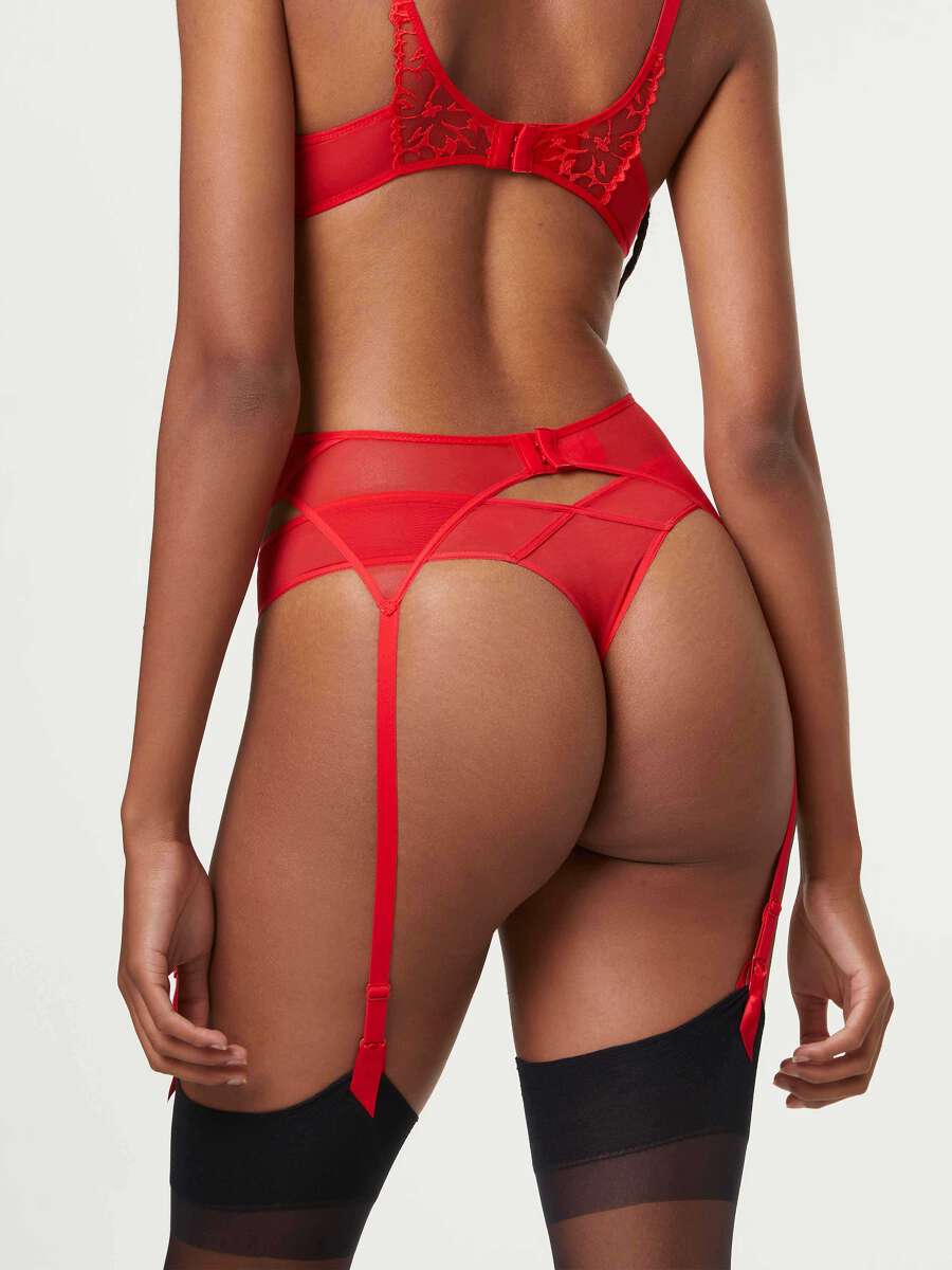Ohyeahqueen Porte-Jarretelles Grande Taille Respirante 6 Sangles Ajustables + G-String - Rouge M-L